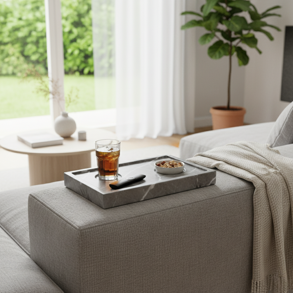 Sofa Armrest Walnut Tray for Drinks Snacks and Remote Control